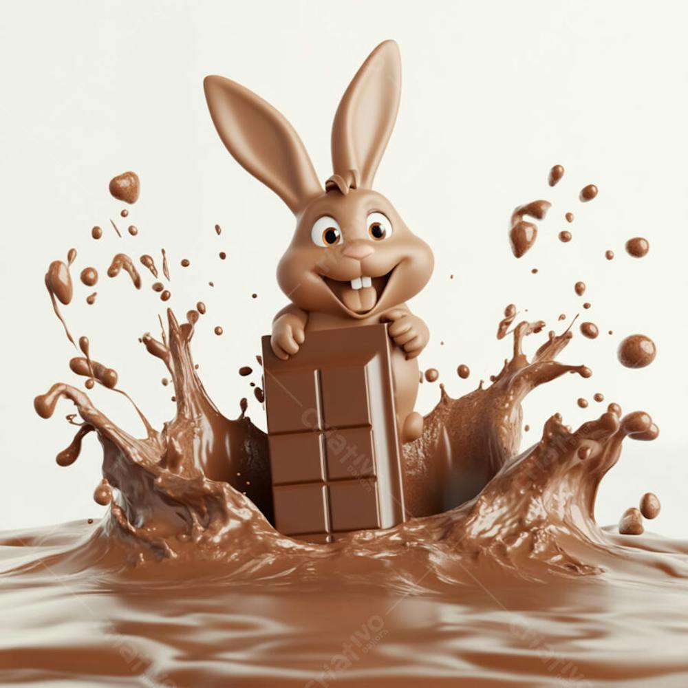 Poça de chocolate com salpicos de chocolate e um coelho de chocolate