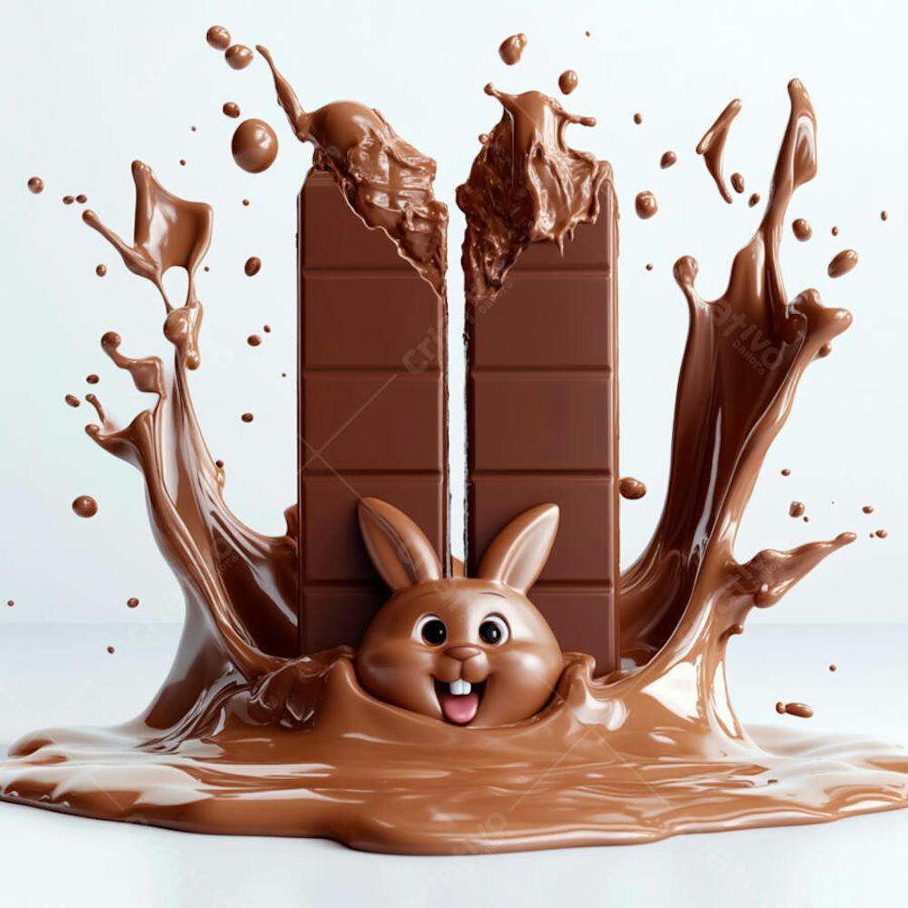 Poça de chocolate com salpicos de chocolate e um coelho de chocolate