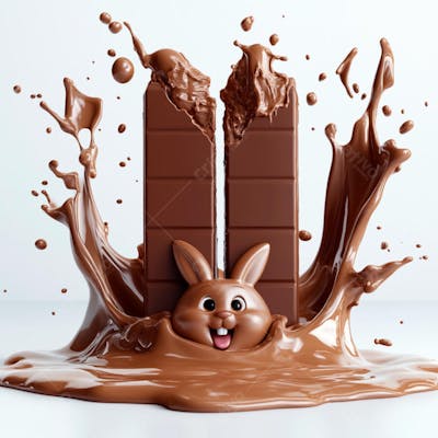 Poça de chocolate com salpicos de chocolate e um coelho de chocolate