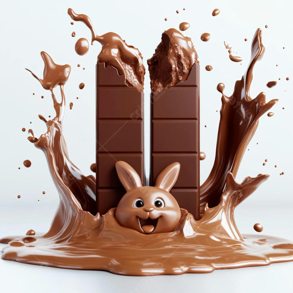 Poça de chocolate com salpicos de chocolate e um coelho de chocolate