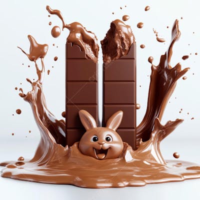 Poça de chocolate com salpicos de chocolate e um coelho de chocolate