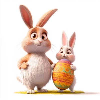 Dois coelhos segurando um ovo de páscoa colorido 