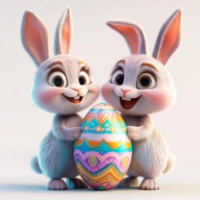 Dois coelhos segurando um ovo de páscoa colorido 