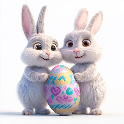 Dois coelhos segurando um ovo de páscoa colorido 