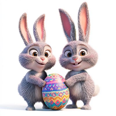 Dois coelhos segurando um ovo de páscoa colorido 