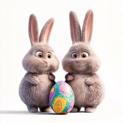 Dois coelhos segurando um ovo de páscoa colorido 