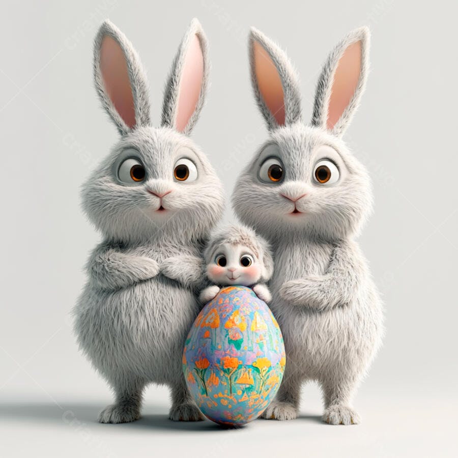 Família de coelhos da Páscoa com ovo decorado