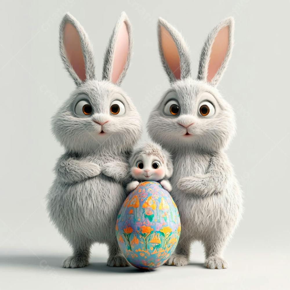 Dois coelhos segurando um ovo de páscoa colorido 