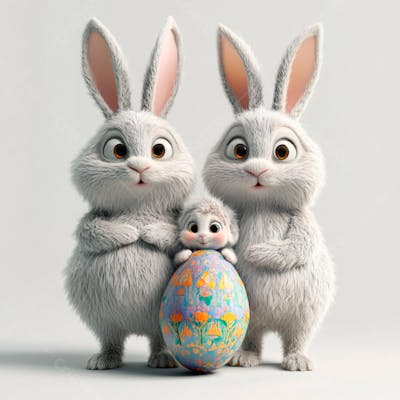 Dois coelhos segurando um ovo de páscoa colorido 
