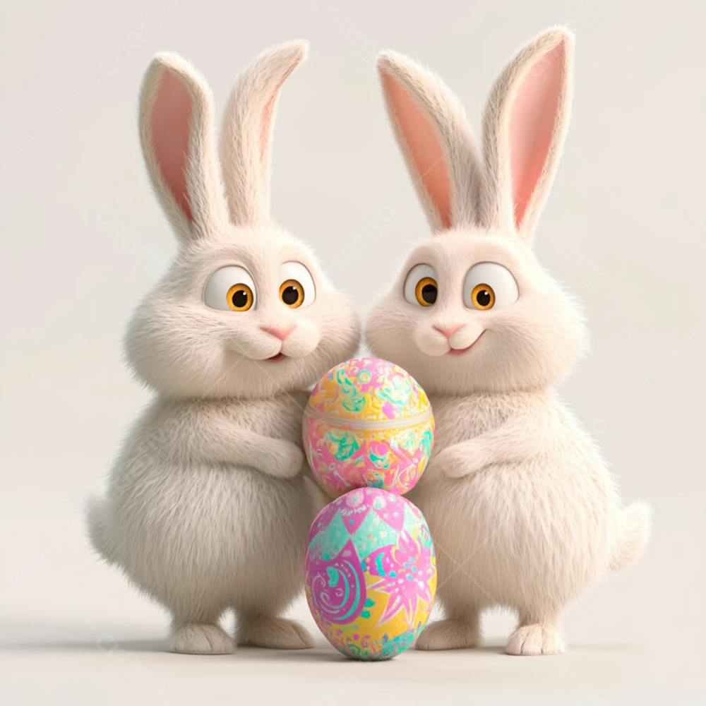 Dois coelhos segurando um ovo de páscoa colorido 