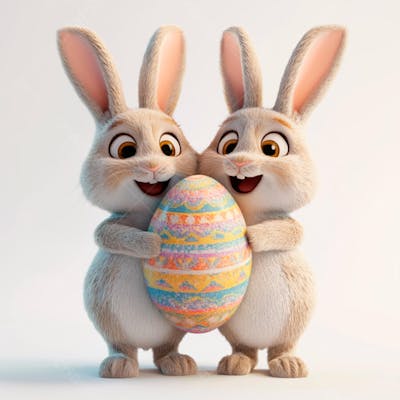 Dois coelhos segurando um ovo de páscoa colorido 