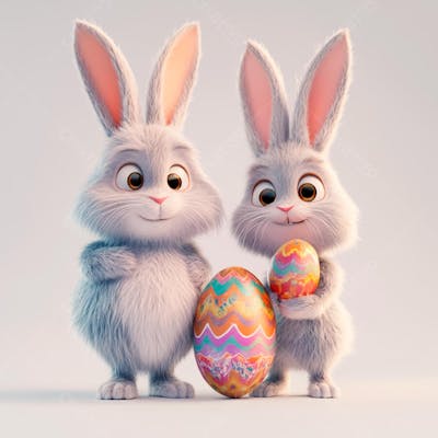 Dois coelhos segurando um ovo de páscoa colorido  