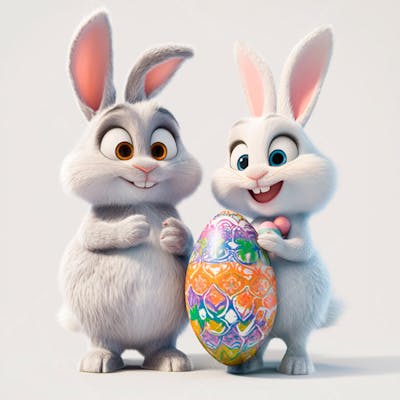 Dois coelhos segurando um ovo de páscoa colorido  