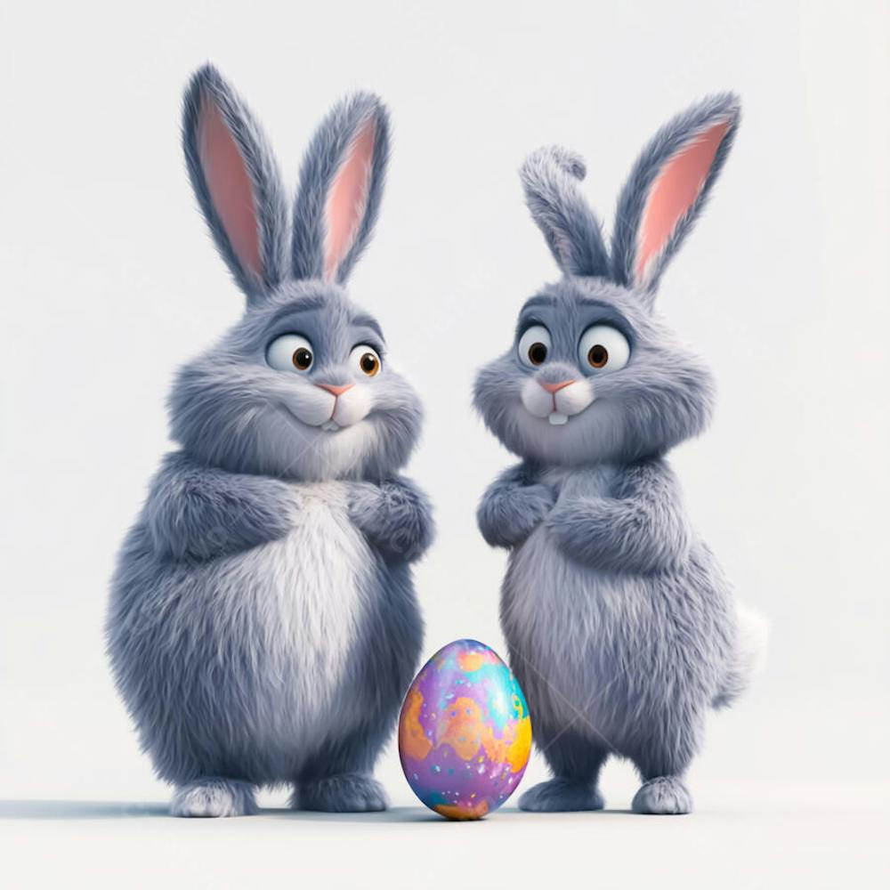 Dois coelhos segurando um ovo de páscoa colorido  