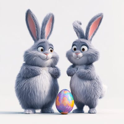 Dois coelhos segurando um ovo de páscoa colorido  