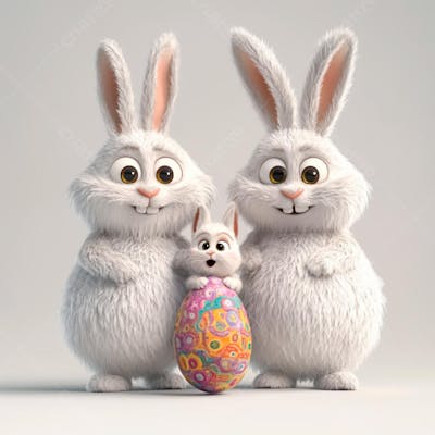 Dois coelhos segurando um ovo de páscoa colorido  