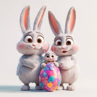Dois coelhos segurando um ovo de páscoa colorido  