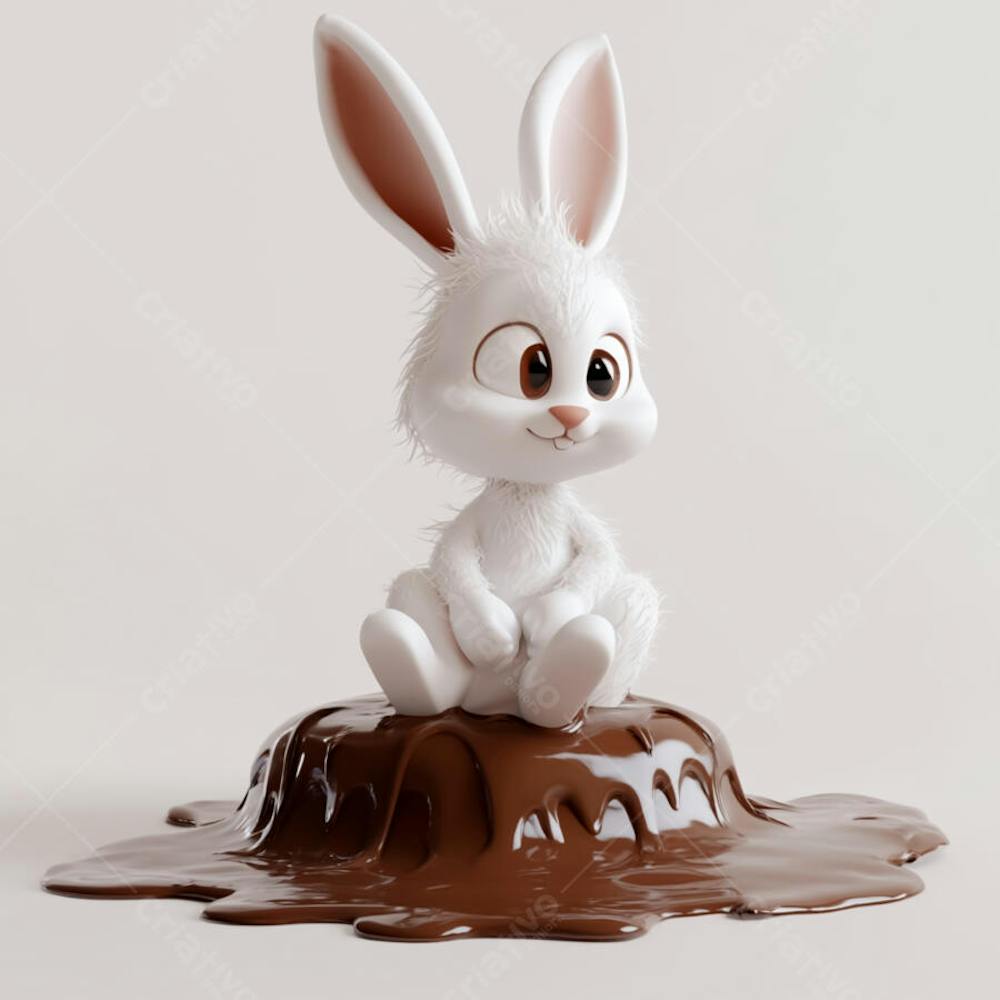 Coelhinho branco sentado em uma poça de chocolate 