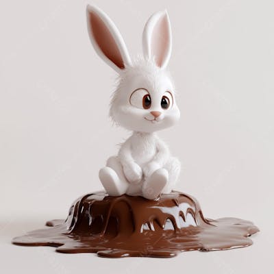 Coelhinho branco sentado em uma poça de chocolate 