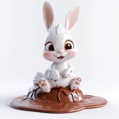 Coelhinho branco sentado em uma poça de chocolate 