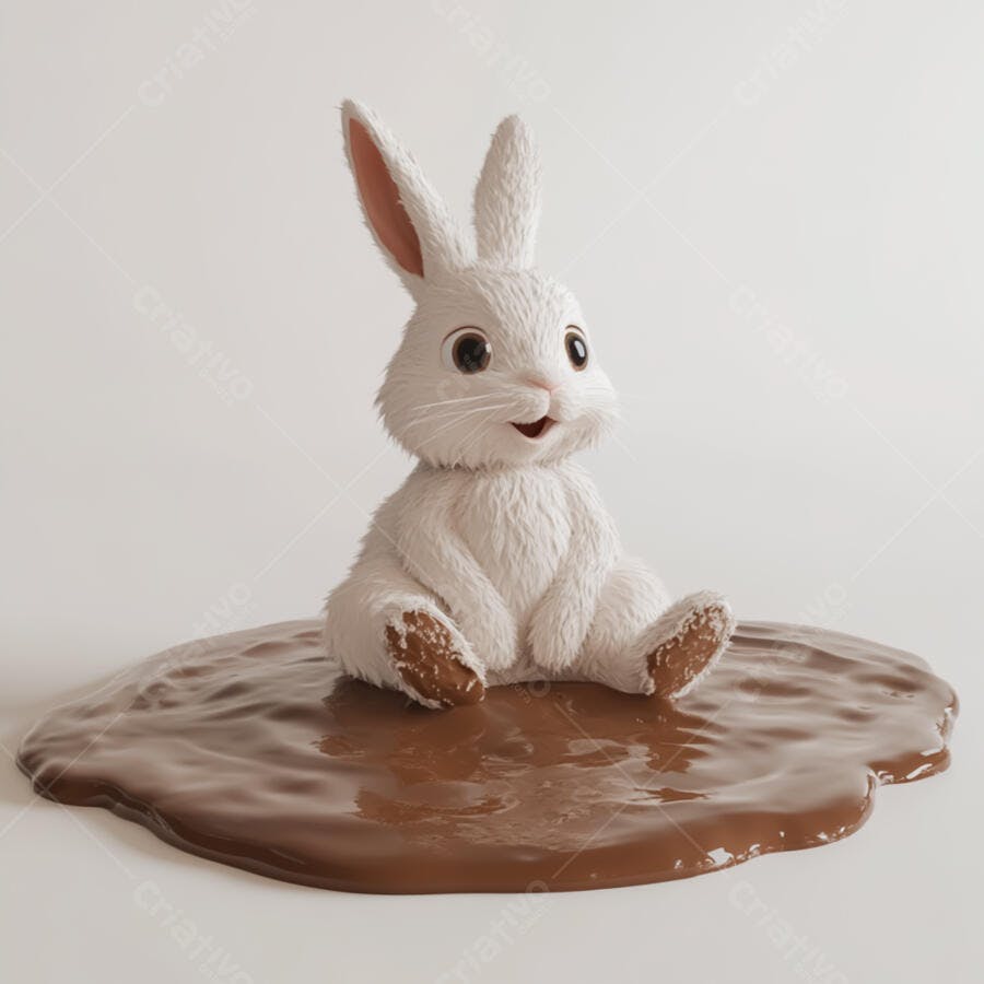 Coelhinho branco em poça de chocolate