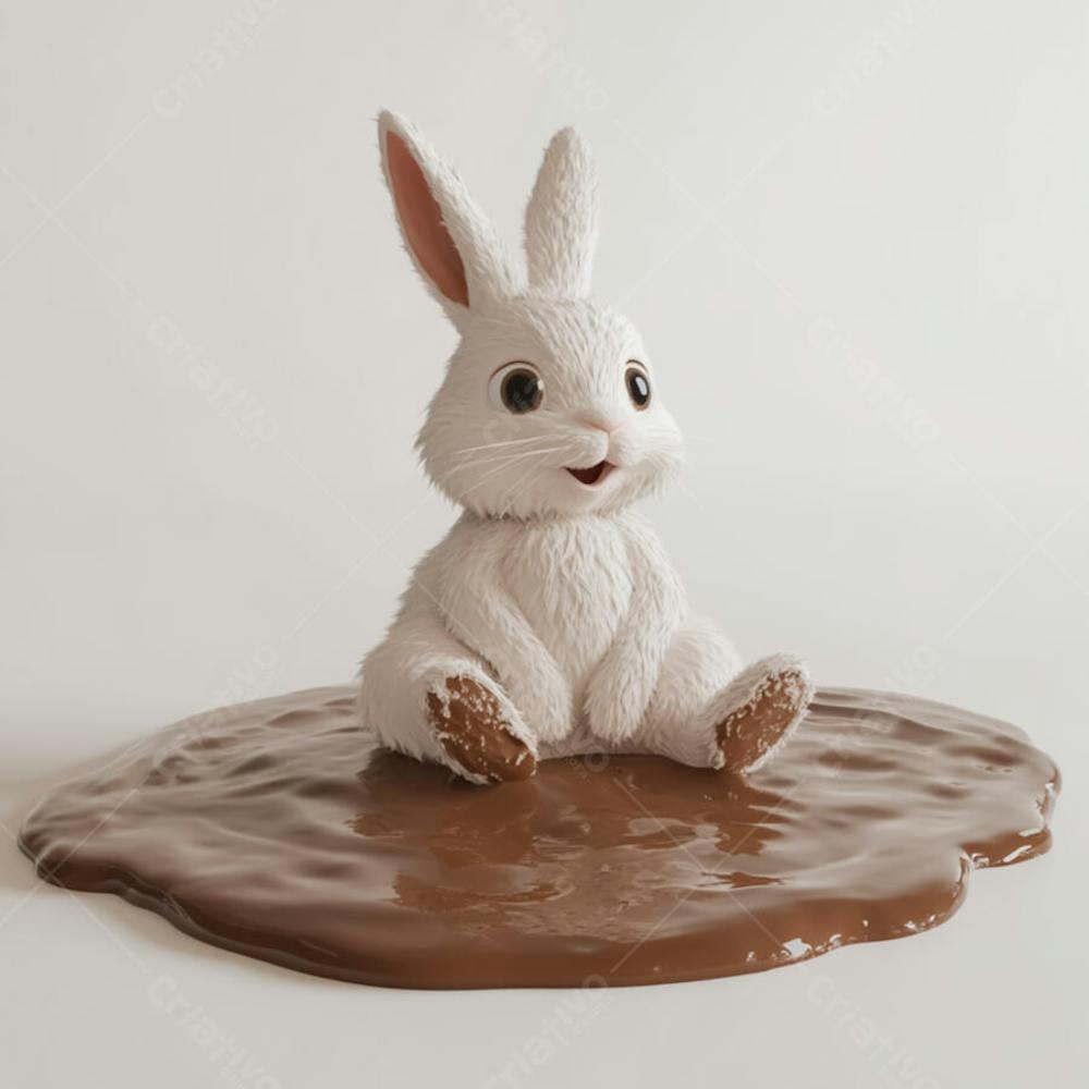 Coelhinho branco sentado em uma poça de chocolate 