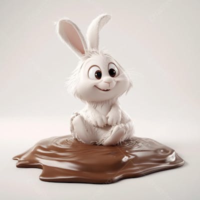 Coelhinho branco sentado em uma poça de chocolate 