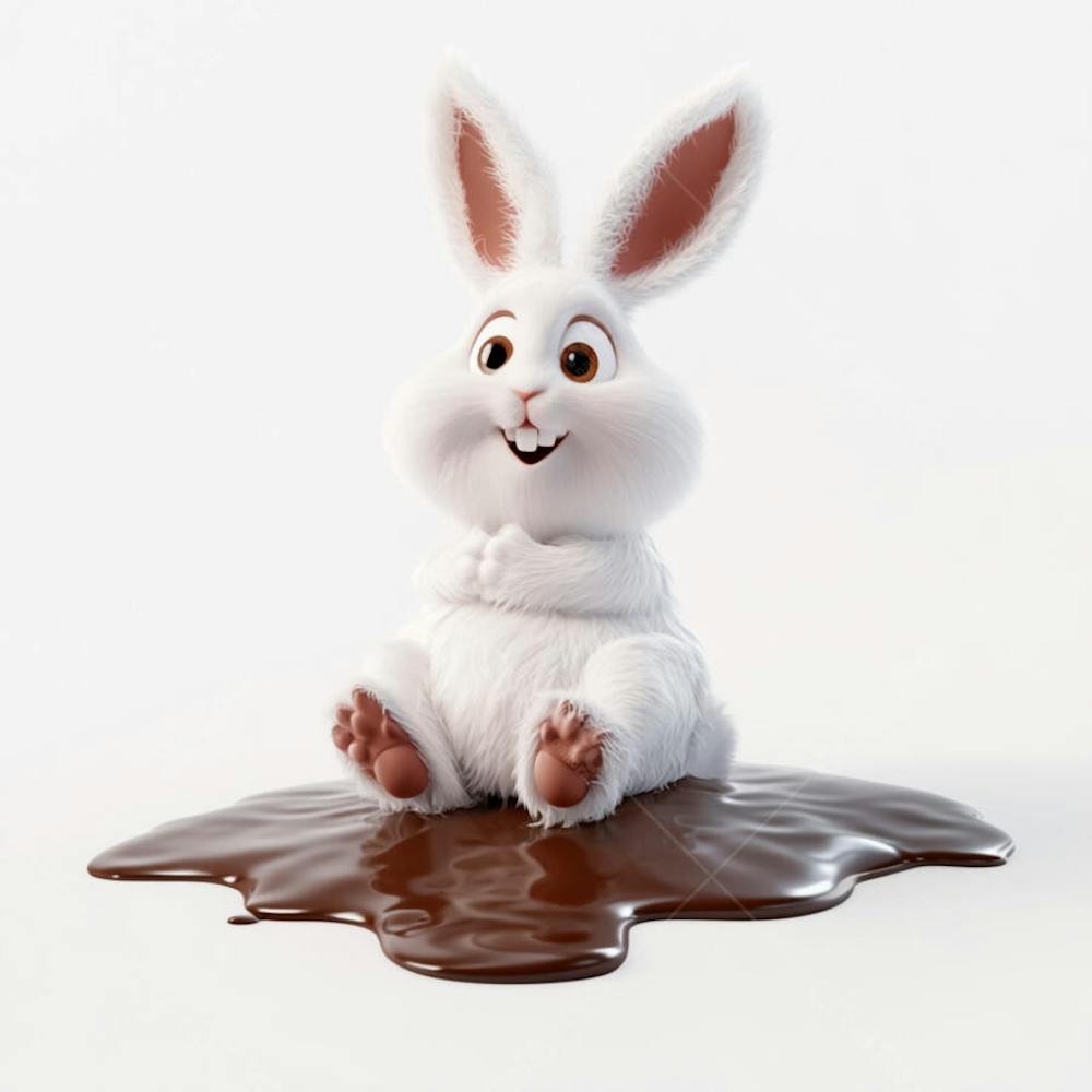 Coelhinho branco sentado em uma poça de chocolate 