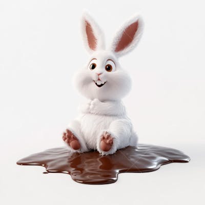 Coelhinho branco sentado em uma poça de chocolate 