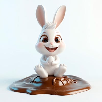 Coelhinho branco sentado em uma poça de chocolate 