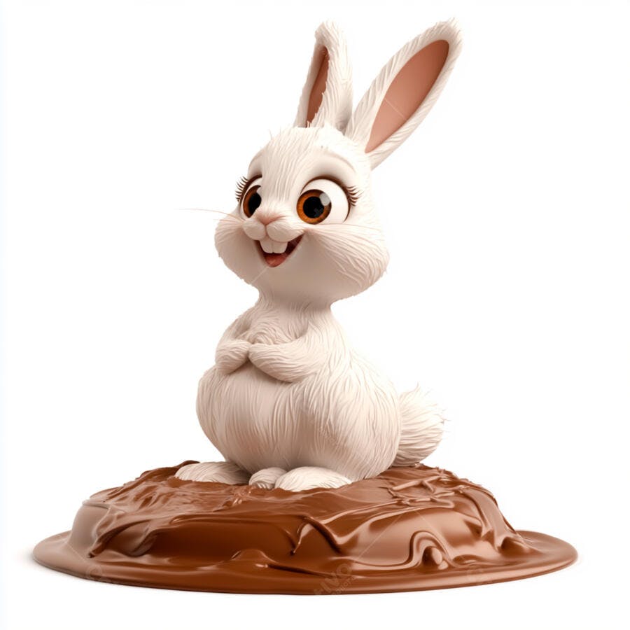 Coelhinho branco em poça de chocolate