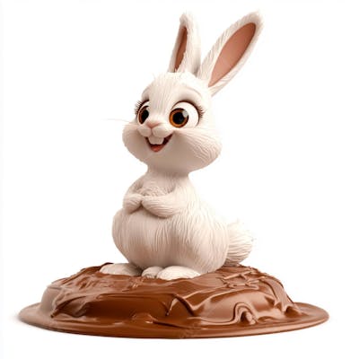 Coelhinho branco sentado em uma poça de chocolate 