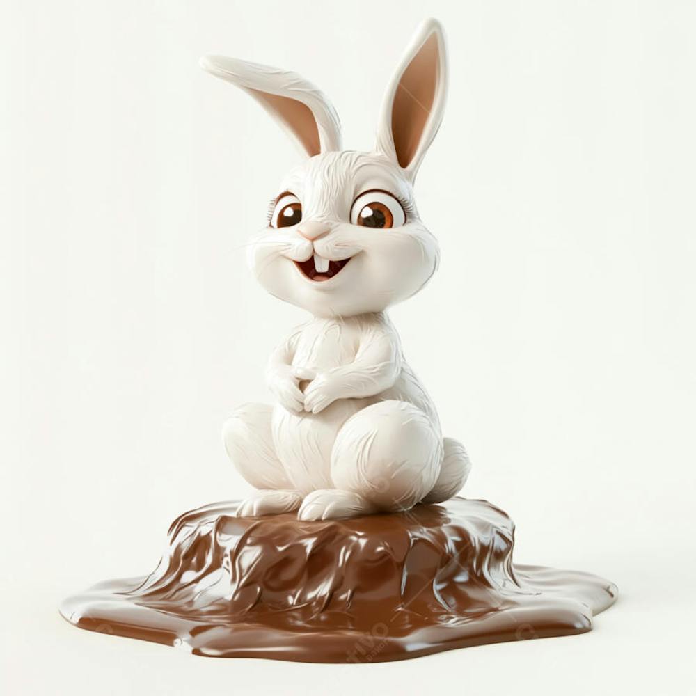 Coelhinho branco sentado em uma poça de chocolate 