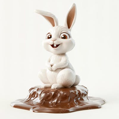 Coelhinho branco sentado em uma poça de chocolate 
