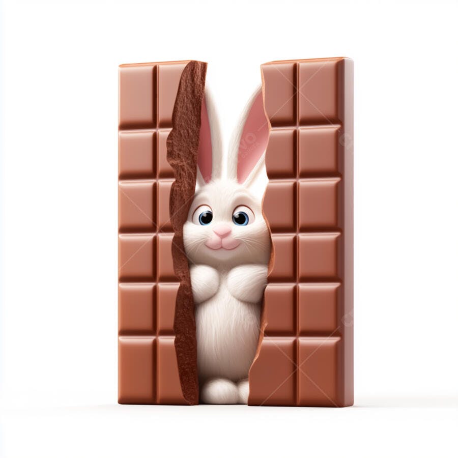 Coelhinho branco em barra de chocolate