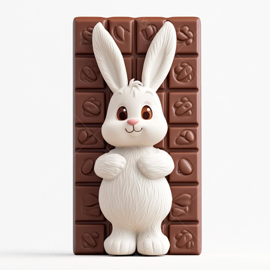 Coelhinho branco em barra de chocolate