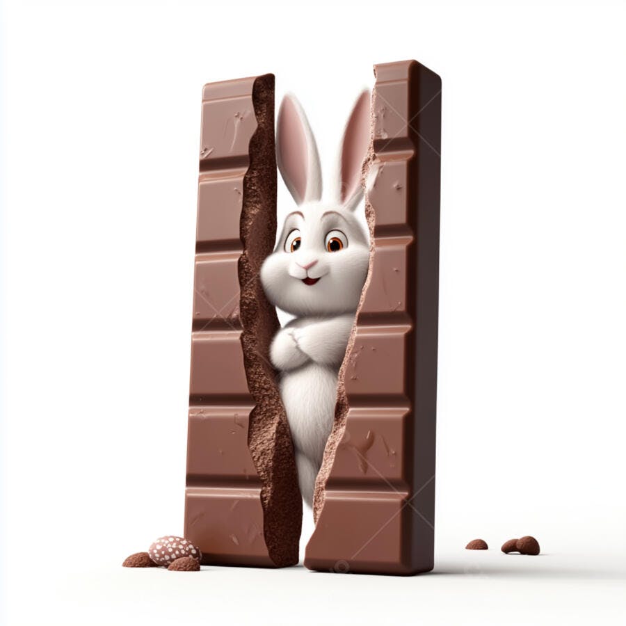 Coelhinho branco em barra de chocolate