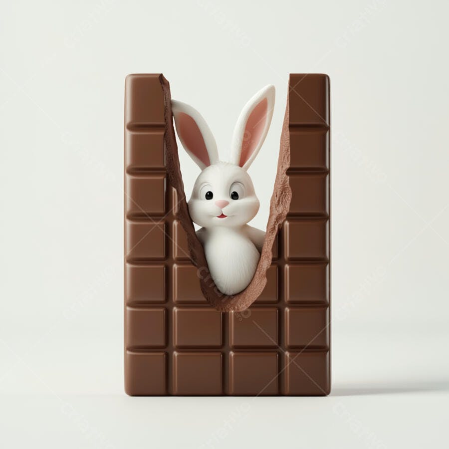 Coelhinho branco em barra de chocolate