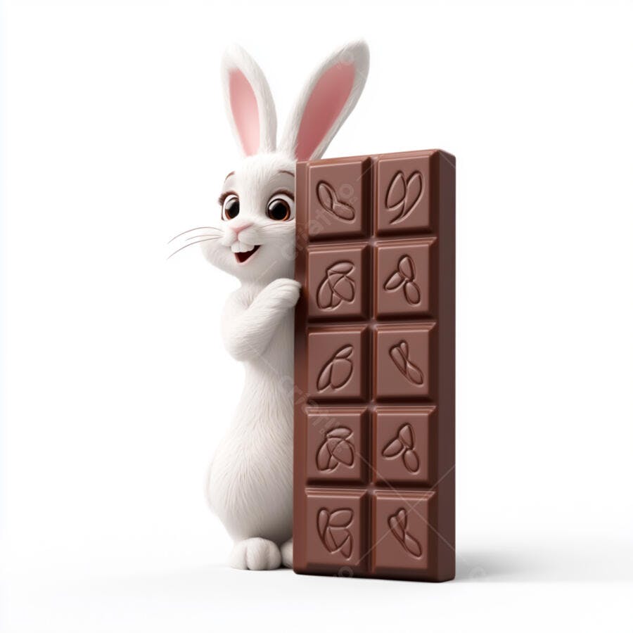 Coelhinho branco com barra de chocolate