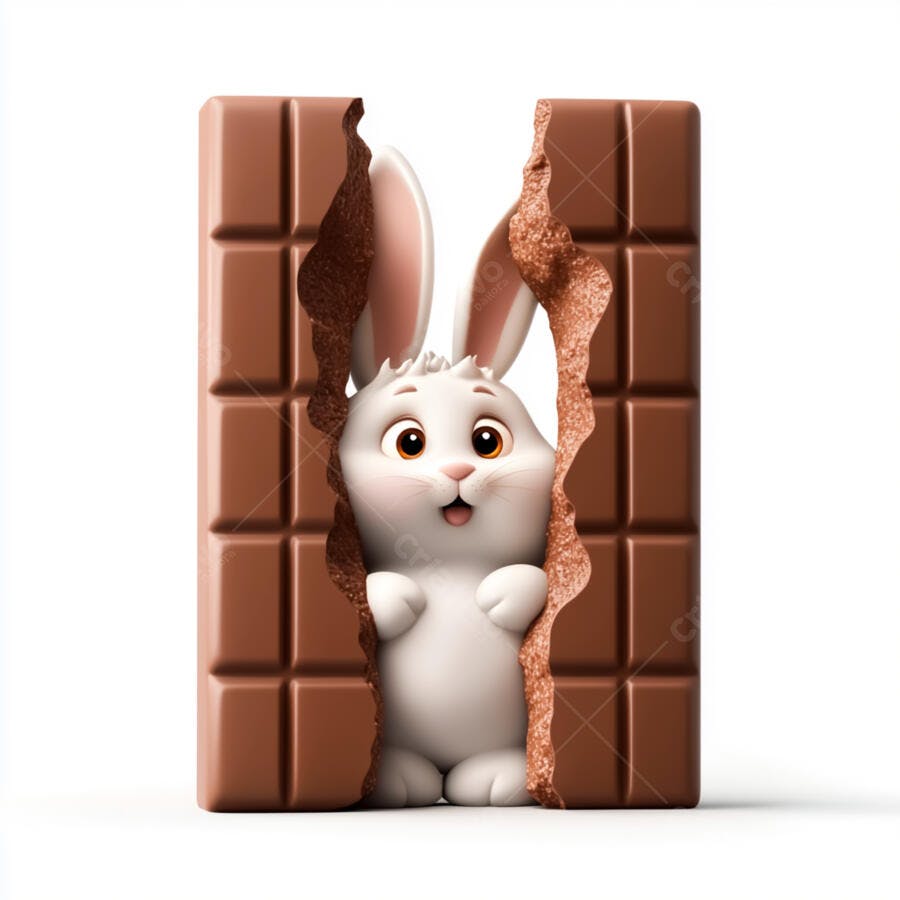 Coelhinho branco em barra de chocolate