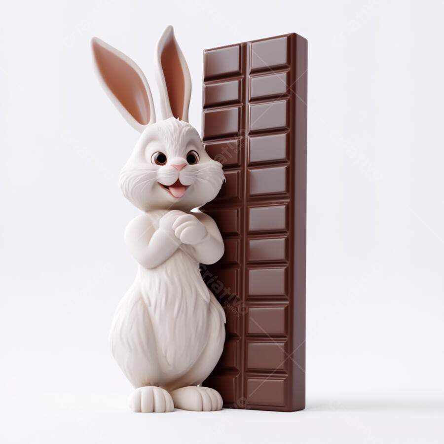 Coelhinho branco com barra de chocolate