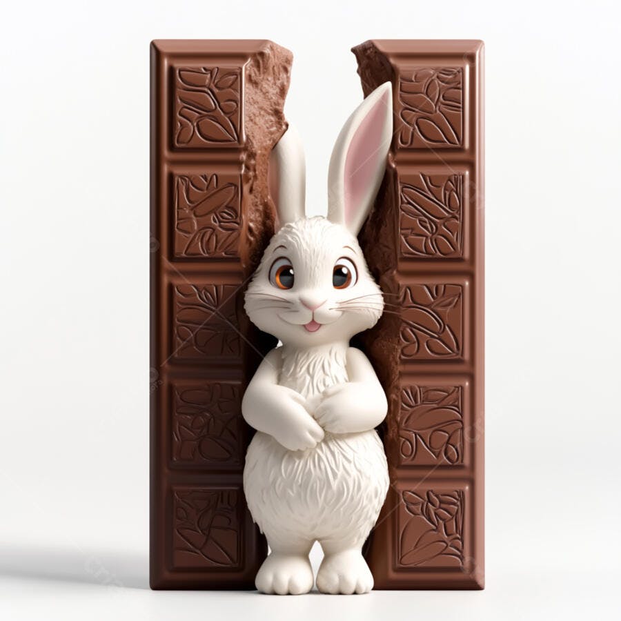 Coelho branco em barra de chocolate