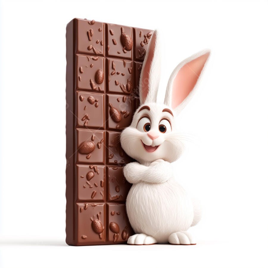 Coelhinho branco com barra de chocolate