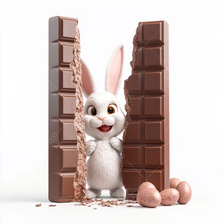 Coelhinho na Páscoa entre barras de chocolate