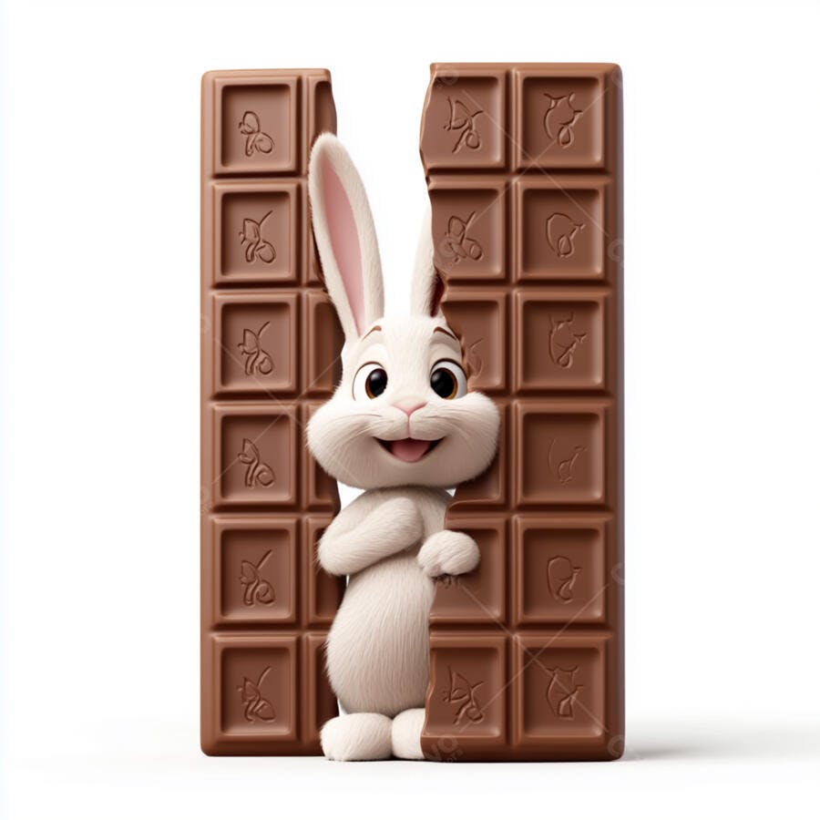 Coelhinho branco em barra de chocolate