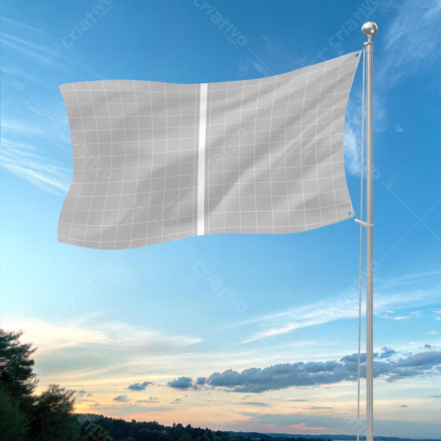 Mockup de Bandeira Cinza e Branca ao Entardecer