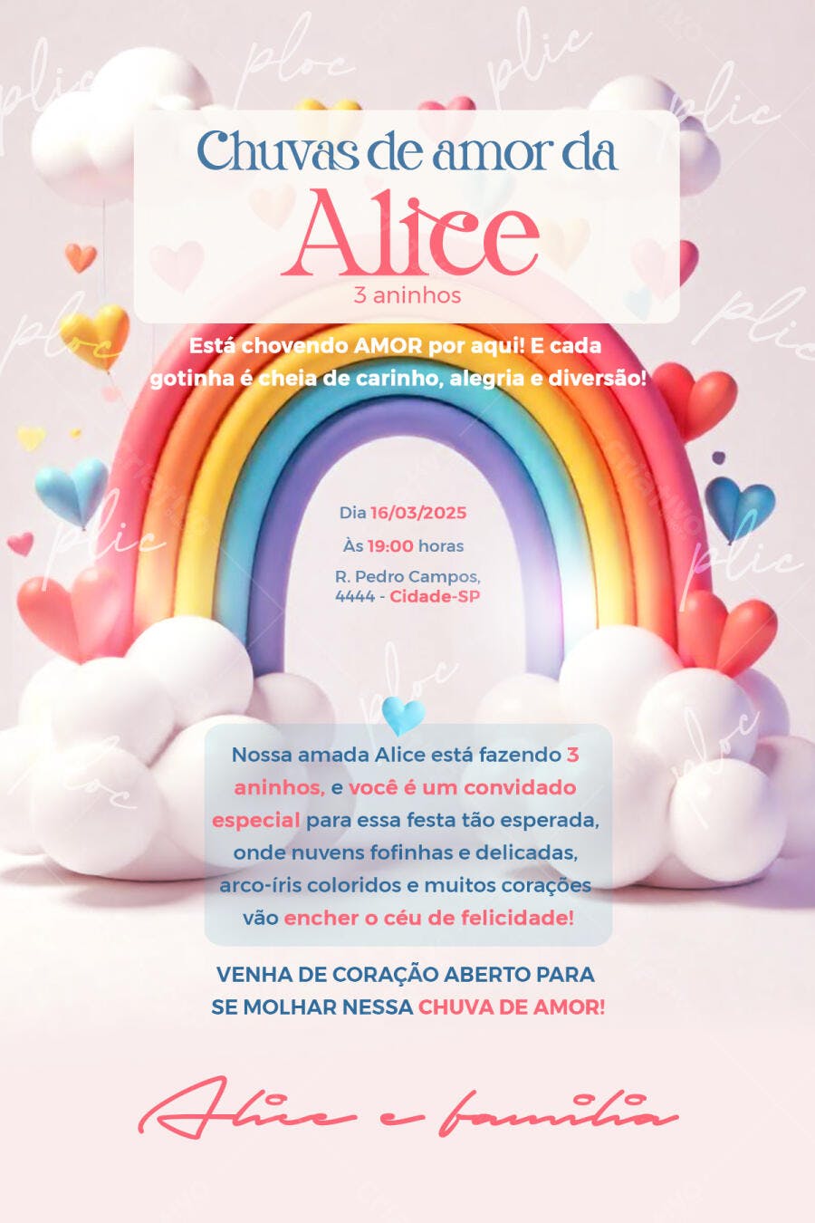 Convite Festa Infantil Alice 3 Anos PSD Editável