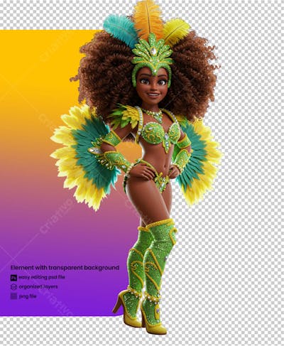 Mulher negra brasileira dançarino de carnaval 3D PNG
