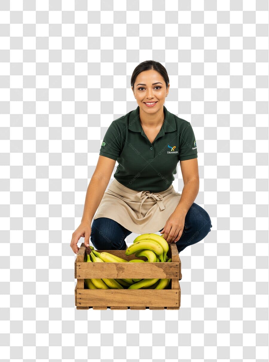 Banner mulher com caixa de bananas PNG com fundo transparente