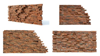 Quatro imagens parede de tijolos quebrados texturizada isolada em fundo branco